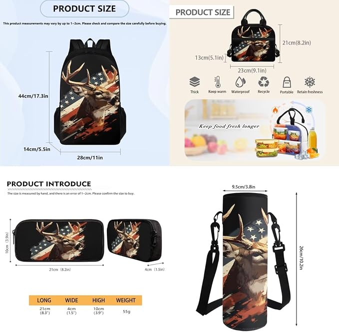 USA Flag Deer School Backpack Set with School Bookbag Double Shoulder Lunch Bags and Pencil Box Pouch Water Bottle Organizer Travel Bag for Teens 4 Piece Set - Image 7