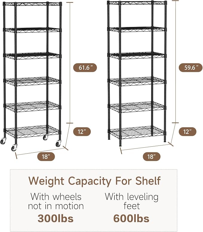 Golpart Small 6 Tier Shelves Storage Wire Shelving Unit Metal Shelf Adjustable Organizers Storage Shelving with Wheels for Bathroom Laundry Room Kitchen Pantry11.7”D x 17.7”W”W x 61.6”H Black - Image 3