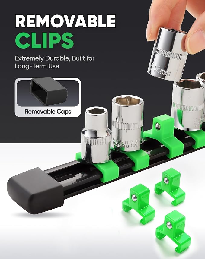 ALOANES 9PC Socket Organizer, Socket Rails Fit 1/2", 1/4" and 3/8" Drive | Heavy Duty ABS Socket Holders Hold up 129 Sockets for Toolbox Drawer Bags(Green) - Image 4