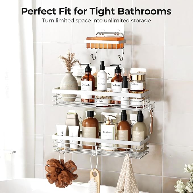 Orimade Adhesive Shower Caddy Soap Dish Holder Shelf with 5 Hooks Bathroom Organizer Basket Kitchen Storage Rack Wall Mounted No Drilling Stainless Steel - 3 Pack,Silver - Image 9