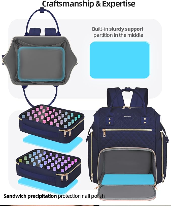 Large Nail Polish Organizer Bag Backpack Holds 70+ Bottles(15ml/0.5 fl.oz) UV Nail Lamp,Nail Organizers and Storage with 2 Removable Pouches Fits Nail Tool,Gift for Manicurist，Blue - Image 5