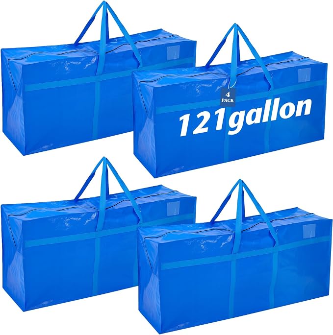 Windyun 4 Pack 121 Gallon Extra Large Moving Bags XXL Heavy Duty Storage Bag with Strong Zipper Handle Jumbo Big Tote Box Foldable for College Dorm Travel Clothes Duffle Blanket Pillow(Blue) by Windyun