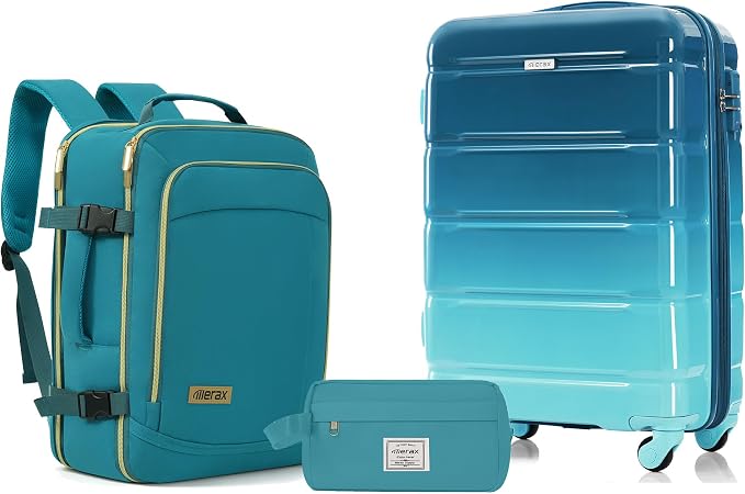Hardside Luggage Sets, Lightweight Stripes Suitcase with Spinner Wheels, Blue 20 by Merax