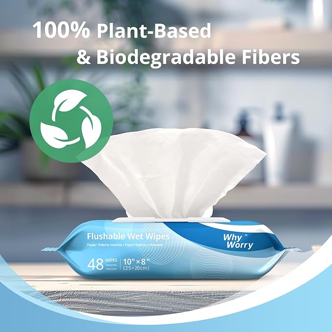 WhyWorry Flushable Wipes for Adults, Extra Large 8"x10" Butt Wipes for Toilet & Personal Cleansing, with Chamomile and Vitamin E, 100% Plant-Based, Septic & Sewer Safe, Sea Incense, 48 Count