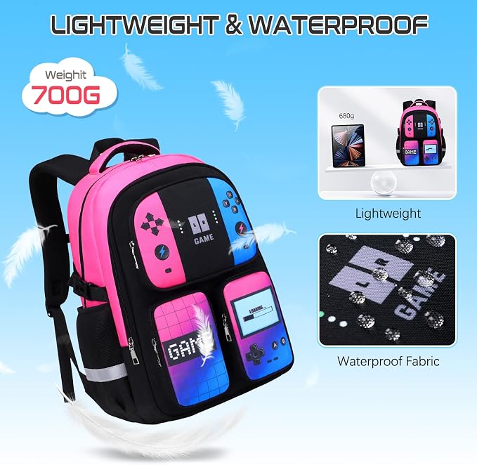 Gamer Backpack for Boys , 3PCS Boys Backpack with Lunch Box & Pencil Pouch, Waterproof School Bags for Boy Kids Children Teens, Elementary Middle School, Kids Book Bag Casual Daypack (Pink Blue) - Image 4