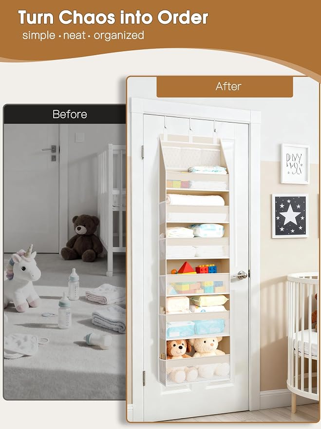 Criusia 2 Pack Over the Door Organizer, 6-Shelf Closet Hanging Storage with 13 Mesh Pockets, 55lbs Capacity Behind the Door Storage for Baby Nursery, Bathroom, Bedroom, and Dorm, Beige - Image 7