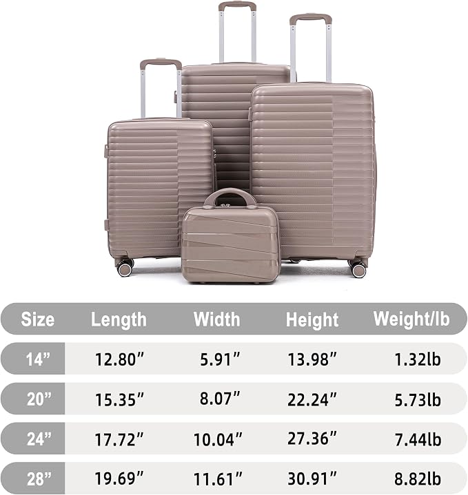 4-Piece PP Hardshell Luggage Set with 14" Cosmetic Case, 20"/24"/28" Spinner Suitcases,Carry On with Iron Telescopic Handle, Combination Lock,360° Double Silent Wheels,Waterproof Travel Set,Champagne - Image 3