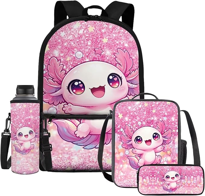 Sparkle Axolotl Kids Backpack 4-Piece Set, 17'' Cute Bookbag with Lunch Bag, Pencil Case & Water Bottle Holder, Lightweight School Bag Gifts for Girls Age 6-12 by Dremagia