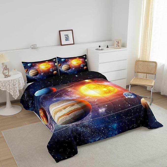 Erosebridal Solar System Bedding Set King Galaxy Space Comforter Set for Kids Boys Toddler Outer Space Room Decor Nebula Planets Orbit Comforter Celestial Universe Stars Quilt Duvet 2 Pillowcases - Image 3