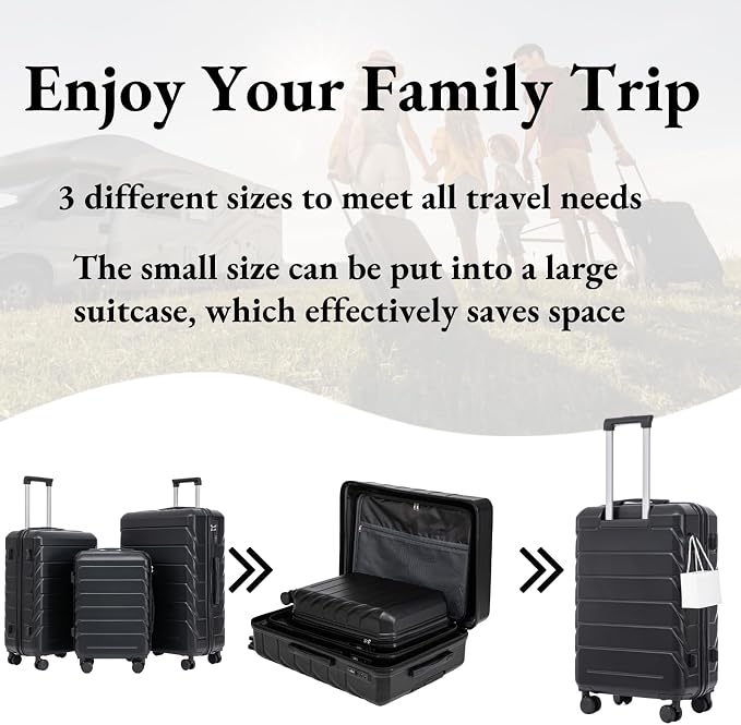 3-Piece ABS Spinner Luggage Set (20" 24" 28") with Combination Lock, Matching Hardshell Suitcases, Black - Image 2