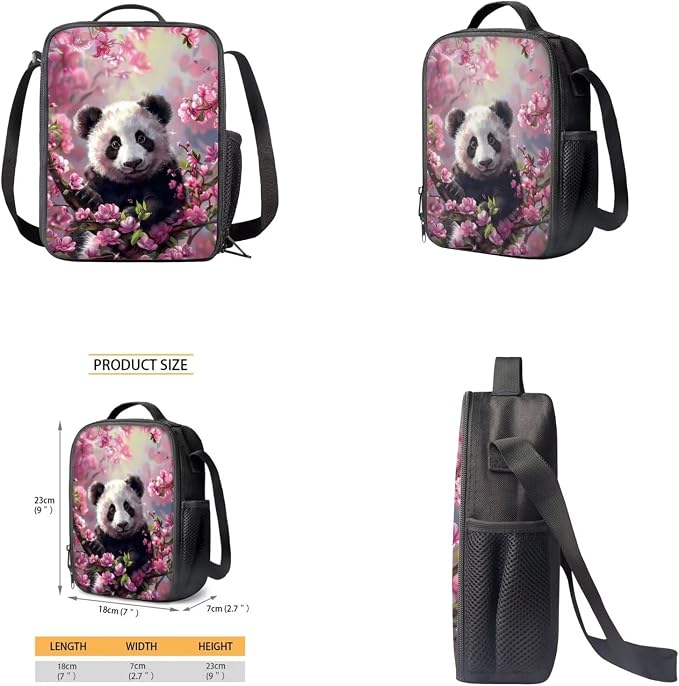 Cherry Blossom Panda Backpack for Girls Kids Backpack with Lunch Box Water Bottle Carrier and Aesthetic Pencil Case 4PCS Set Bookbag with Front Pocket for School 17 inch Large School Bag - Image 4