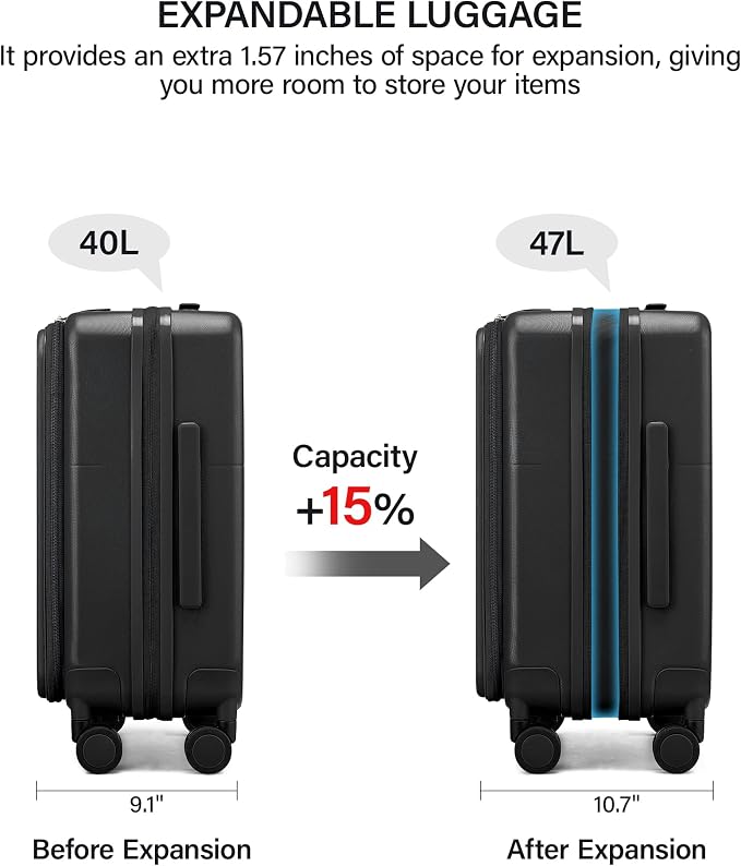 Hanke 20 Inch Expandable Carry On Luggage with Cup Holder 22x14x9 Airline Approved, Top Opening Hard Shell Suitcases with Wheels, Carry-On Travel Suitcase Trunk Luggage with Lock, Jet Black - Image 4