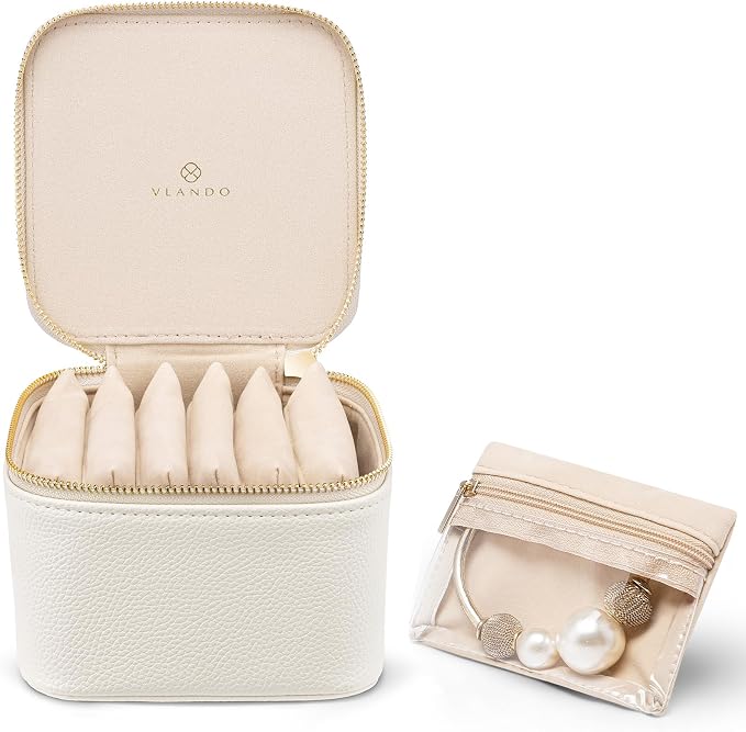 VLANDO Travel Jewelry Organizer Case with 6 Clear Velvet Zipper Pouches, Faux Leather Jewelry Storage Box for Rings, Earrings, Necklaces and Bracelets, Gift for Women by VLANDO
