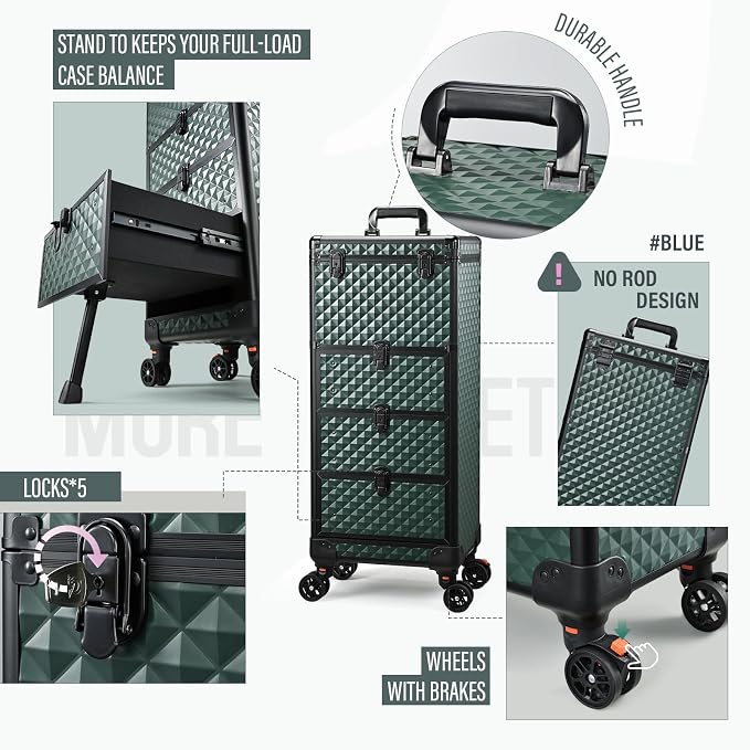 Yueieoun Nail Trolley Cart with 3 Drawers, Salon Station Cosmetology Case on Wheels Rolling Makeup Train Case Nail Case Organizer Beauty Salon Travel Case for Nailart,SPA,Hairstylist,Artist,Dark Green - Image 8