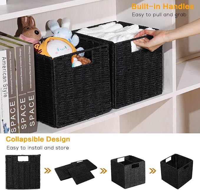 Vagusicc Wicker Basket, Set of 2 Woven Storage Baskets for Shelves, Foldable Cube Storage Basket Bins with Handles, 9 inch Small Storage Baskets for Organizing Pantry Bedroom, Black - Image 3