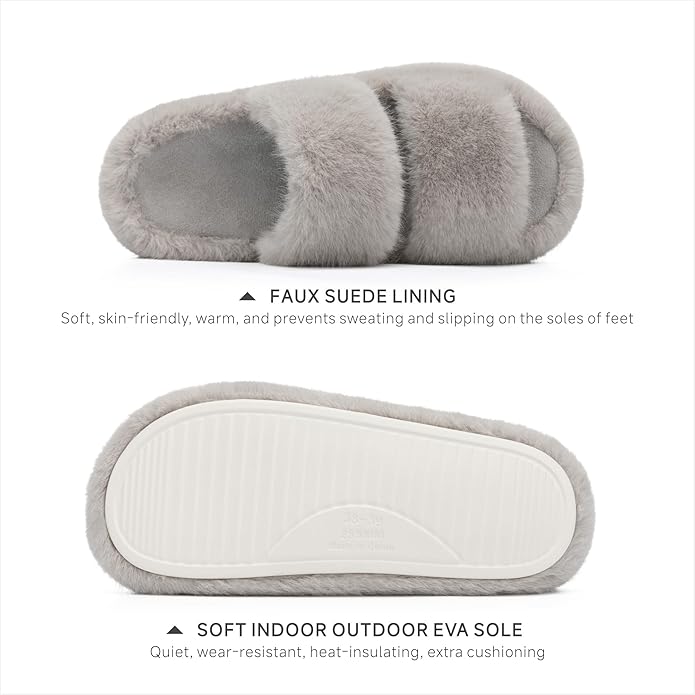 Chantomoo Women's Memory Foam Fuzzy Comfy Faux Fur House Shoes - Furry Bedroom Indoor Open Toe Slippers with Two Bands - Trendy Gift Slippers