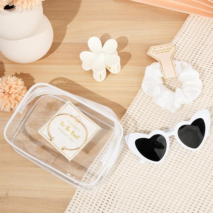 DEEKA 30 Pcs Bridesmaid Proposal Bag Set Gift Clear Makeup Toiletry Bag Bachelorette Party Favors Sunglasses Flower Claw Clips Scrunchies Knot Bracelets Bridal Wedding Party Gifts (White) - Image 8
