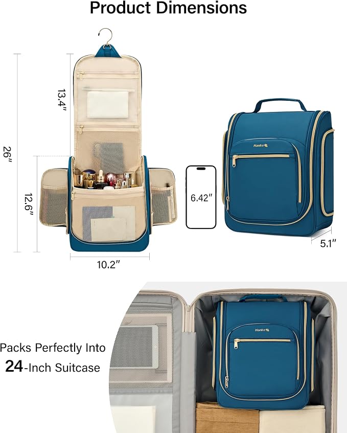 Hanke Hanging Travel Toiletry Bag for Men and Women, Water-Resistant Toiletries Bag Makeup Organizer with Hook, Cosmetic Bag for Bathroom & Travel Essentials Accessories, Navy Blue - Image 2