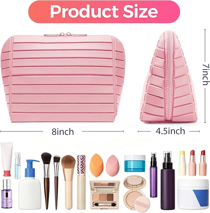 Travel Makeup Organizer Bag with Fold-Down Design and Adjustable Dividers, 27 Pockets & 3 Brush Storage Holders, Large Capacity Cosmetic Bags Toiletry Case - Pink - Image 4