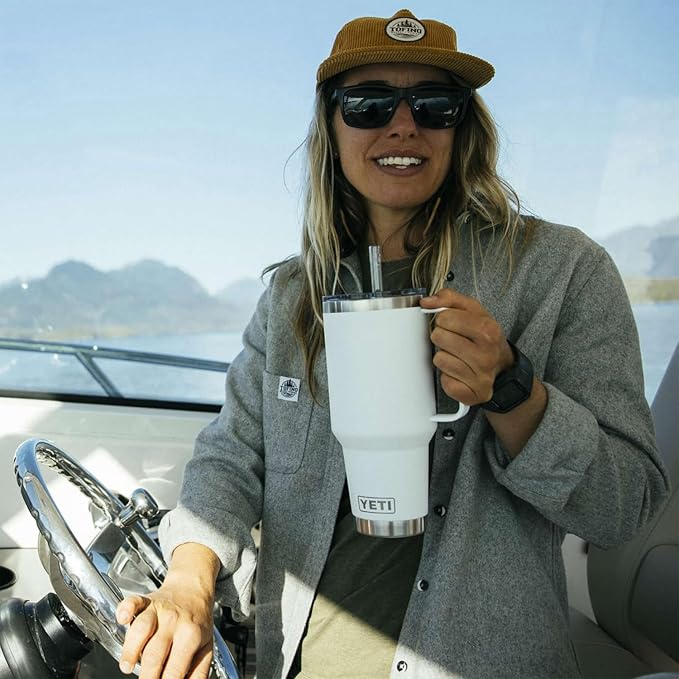 YETI Rambler 42 oz Tumbler with Handle and Straw Lid, Travel Mug Water Tumbler, Vacuum Insulated Cup with Handle, Stainless Steel, Firefly Yellow