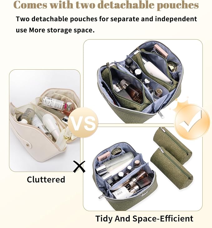 BOYATU Travel Makeup Bags Cosmetic Organizer Bag: 3 Pcs Set Large Capacity Make up Bag with Compartments - Waterproof Leather Toiletry Bags with Handle for Women (A-Green) - Image 4