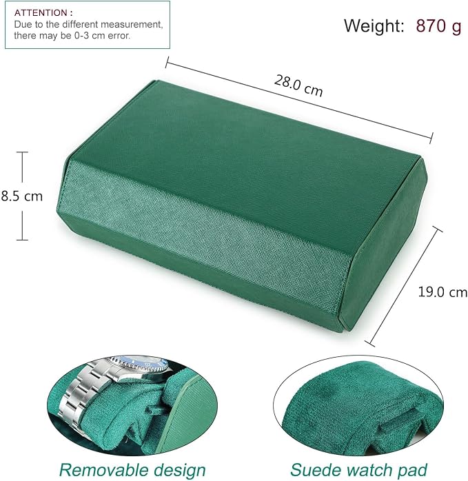 Hiram Genuine Leather Hexagon Watch Roll Travel Case, Leather 8-Watches Roll Case with Removable Pillow Cushion for Treasured Watches and Bracelets-Green - Image 3