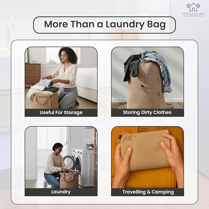 LFH Home Cotton Rich Canvas Large Laundry Bag with Handle, Heavy Duty Drawstring Closure Washable Laundry Bags, School Travel, Home, Hotel, College Dorm, Organizer Sack, Toys Clothes 28x40-Beige - Image 6