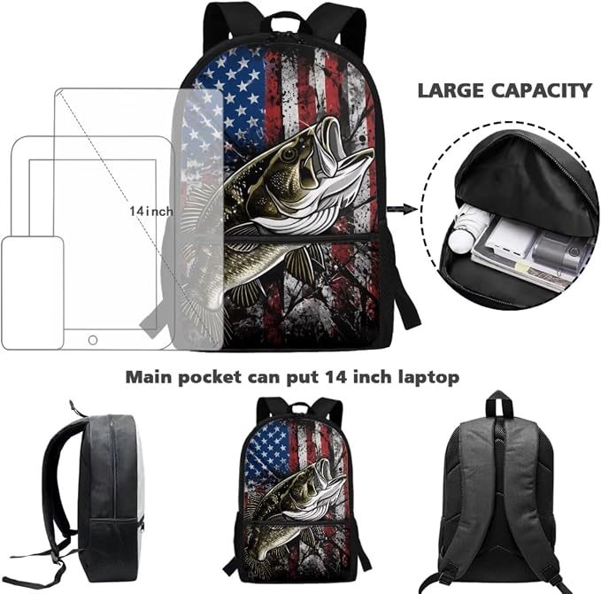 Bass Fishing American Flag Boys Backpack with Lunch Bag 4 Piece Set, Patriotic 4th of July Gift School Bag for Boys Ages 6-12, 17 Inch Durable Waterproof Elementary Bookbag - Image 4