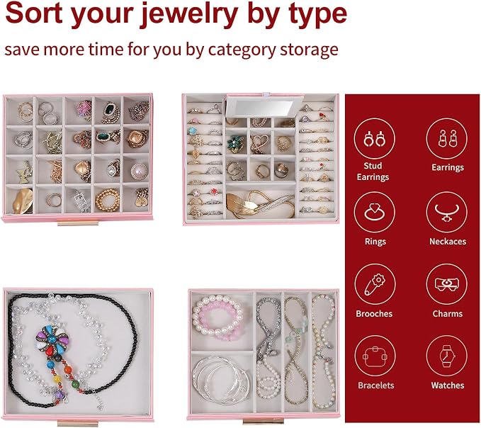 BOOVO Clear Lid Jewelry Box,3 Layers Jewelry Organizer Large Jewelry Storage Box with 2 Drawers,Jewelry Holder Organzier of Rings Earrings Necklace Bracelets for Women (Pink, 4 Layer) - Image 3