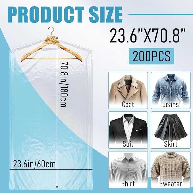 200 Pack Dry Cleaning Garment Bags, 23.6 x 70.9 Inch Plastic Dry Cleaners Bags for Hanging Clothes Dust Protection Clear Clothes Covers for Travel Moving, Home Storage (Hanger Not Included) - Image 2