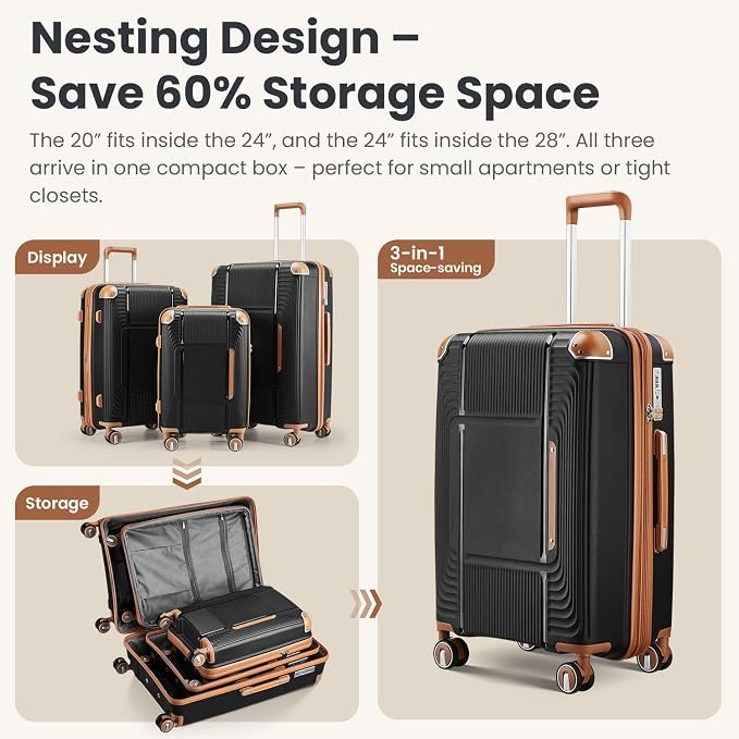 3 Piece Luggage Set PP Hardshell with YKK Zippers, 20/24/28 Inch Suitcases with Detachable Spinner Wheels & Reinforced Corner Guards, Lightweight TSA Lock Nested Set (Black) - Image 6