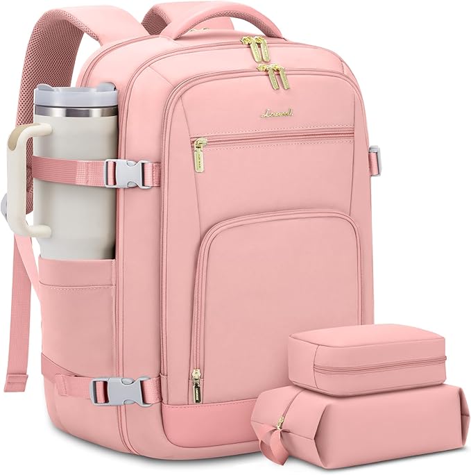 LOVEVOOK Travel Backpack For Women, 40L Carry On Backpack Flight Approved, TSA Personal Item Backpack Fits 17 Inch Laptop, Business Weekender Overnight Waterproof Daypack With 2 Packing Cubes, Pink by LOVEVOOK