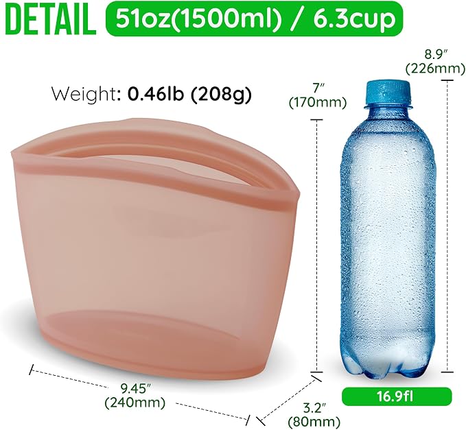 Reusable Silicone Food Storage Bag, 6 Cups, Large Container, Made in Korea BPA-Free Platinum Silicone, Triple-Airtight Freezer Bag, Microwave Safe, Sous Vide, Meal Prep, 51oz, Dry Rose - Image 7