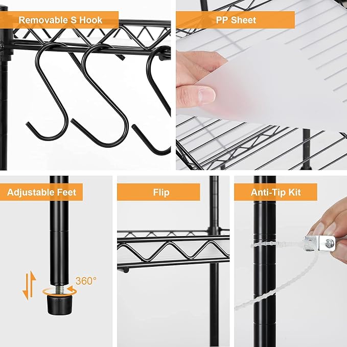 5-Tier Wire Shelving, 11.8x15.7x63in, Black - Heavy Duty Shelf - Kitchen Storage Shelves - Image 4