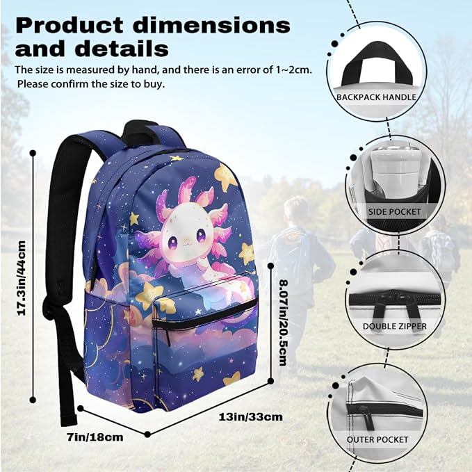 Axolotl School Bags for Girls 7-10 10-12 Galaxy Stars Backpacks for Girls with Lunch Box Pencil Case Water Bottle Holder 4-Piece Elementary School Essentials for Teens Student Bookbag Set - Image 3