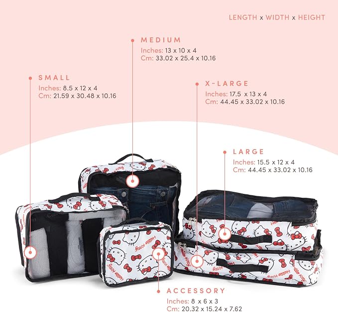 Sanrio's Hello Kitty Packing Cubes - 5 Piece Packing Cube Bags - Travel Essentials - Suitcase Luggage Organizer Set - Hello Kitty and Friends, My Melody, Kerromi, Kerropi, Badtz-Maru (Hello Kitty) - Image 2