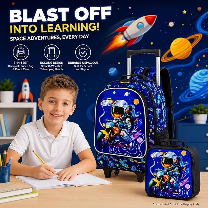HPJGD 3PCS Astronaut Rolling Backpack for Boys, Kids School Backpacks with Wheels, Water Resistant UV Printed Roller Wheeled Bookbag Set - Image 8