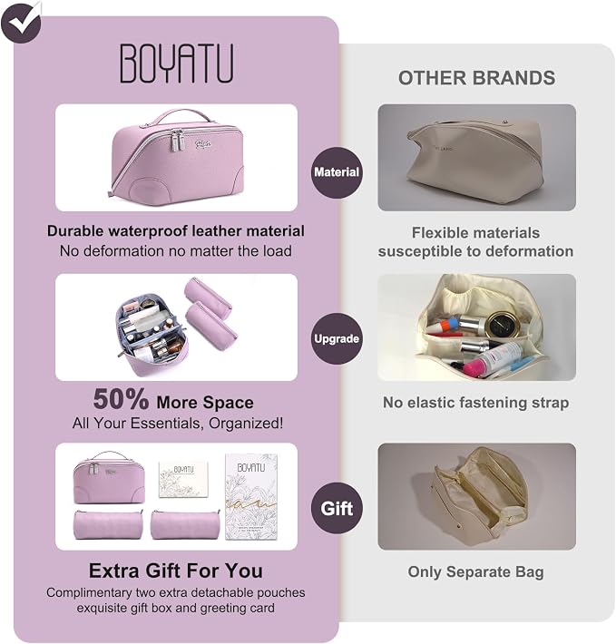 BOYATU Travel Makeup Bag Cosmetic Bags for Women: 3 Pcs Set Large Capacity Make up Bag with Handle - Waterproof Vegan Leather Toiletry Bags Travel Essentials with Compartments(C-4-Purple) - Image 3