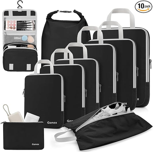 Gonex 10 Set Compression Packing Cubes, Expandable Storage Travel Bags for Suitcase, Luggage Organizers with Hanging Toiletry Bag Laundry Bag Shoe Bag Accessories Bag (Black) by Gonex