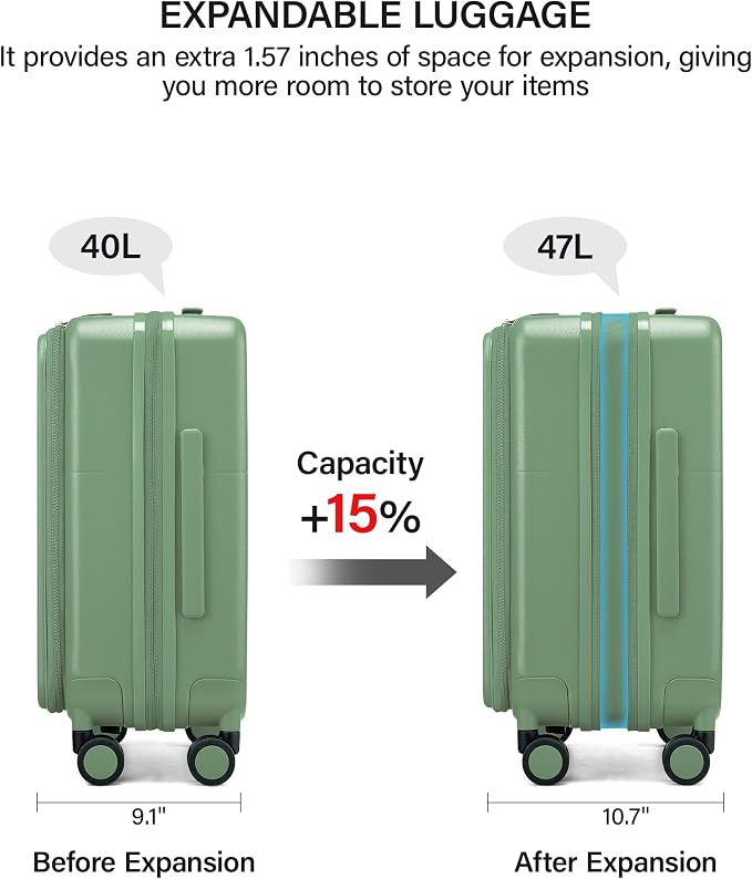 Hanke 20 Inch Expandable Carry On Luggage with Cup Holder 22x14x9 Airline Approved, Top Opening Hard Shell Suitcases with Wheels, Carry-On Travel Suitcase Trunk Luggage with Lock, Forest Green - Image 4
