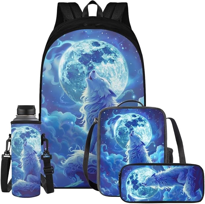 Wolf Backpack for Girls Boys Backpack with Lunch Box Water Bottle Bag and Big Pencil Case 4PCS Set Large Bookbag with Compartments for School 17 inch Lightweight Elementary School Bag for Kids by ELEDIZI