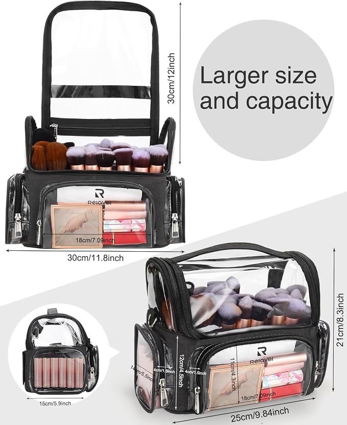 TANTO Clear Makeup Brush Case,Stand-up Makeup Cup Large Cosmetic Organizer Holder Professional Makeup Artist Travel Case with Adjustable Divide&Strap (02-Black（X Large）) - Image 5