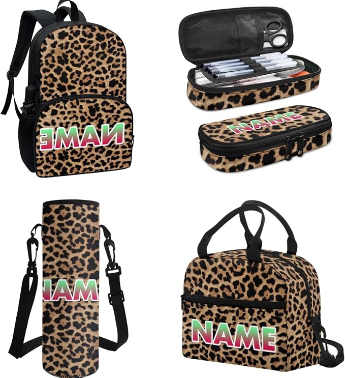 Leopard Spots Teens Lightweight Backpack with Lunch Box, Cheetah Skin Kids BookBag 4 Set Rucksack, Brown Black Water Bottle Holder Pencil Bag for Girls Boys - Image 2