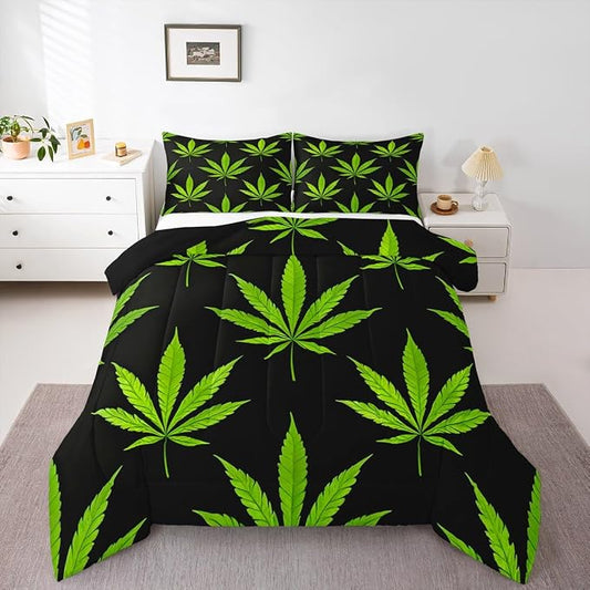 Erosebridal Bohemia Leaves Comforter Set, Adult Exotic Leaves Quilt Set, Rustic Bedding Set Twin Size, Soft Comforters Bedroom Decor, Green Black by Erosebridal