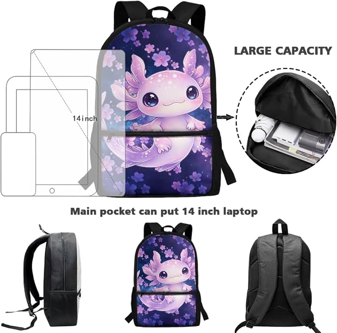 Axolotl 17'' Kids School Backpack, 4-in-1 Set with Insulated Leak-Proof Lunch Bag, Large Pencil Case & Water Bottle Holder, Lightweight Water-Resistant Bookbag for Girls Age 6-12 - Image 4