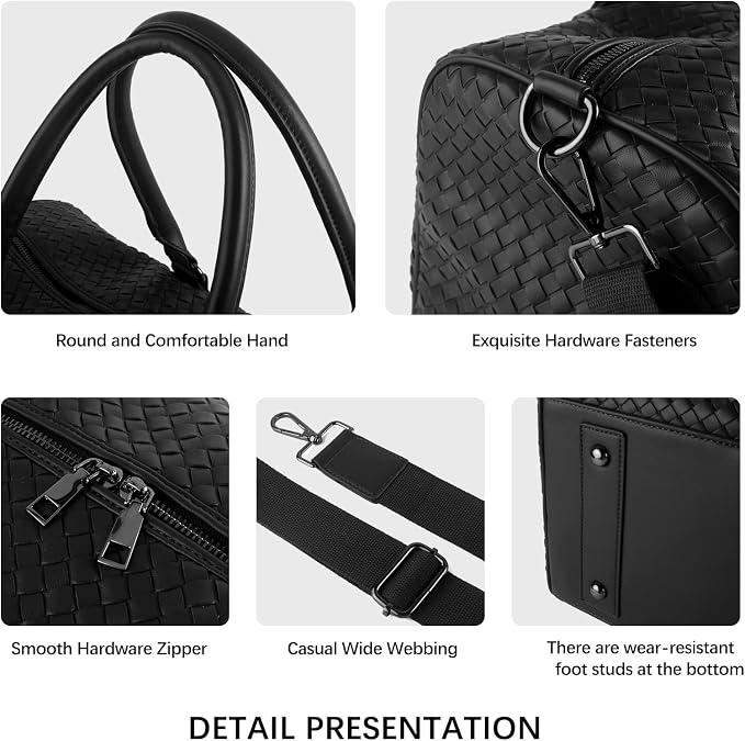 Weekender Bag for Women Men Water-resistant Gym Tote, Leather Woven Travel Duffel Bags with Shoe Compartment - Image 6