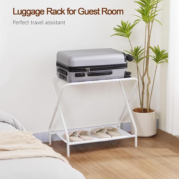 AMHANCIBLE Luggage Rack, Set of 2, Foldable Suitcase Stands for Guest Room, Metal Luggage Holder with Storage Shelf for Bedroom, Hotel, Easy Assemble, White HLR02WT - Image 7