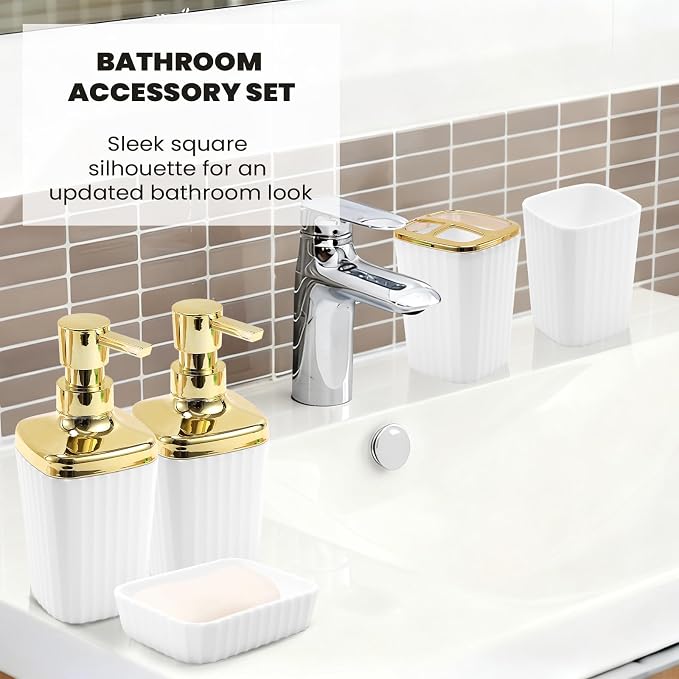 XLHOMO 9-Piece White Bathroom Accessories Set - Minimalist Matte Stripe Set with Slim Press-Top Trash Can, Soap Dispenser & Toothbrush Holder - Aesthetic Apartment Essentials - Image 5