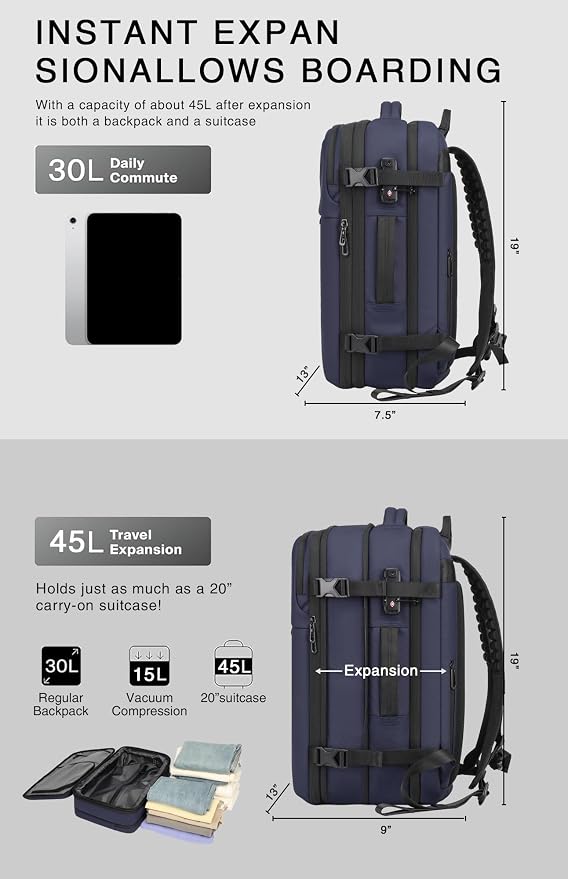 Vacuum Seal Travel Backpack 45L with Pump - Expandable Air Compression System, Water-Resistant Business TSA Lock, Laptop Backpack, Carry-On Suitcase Luggage, Gifts for Men - Image 7