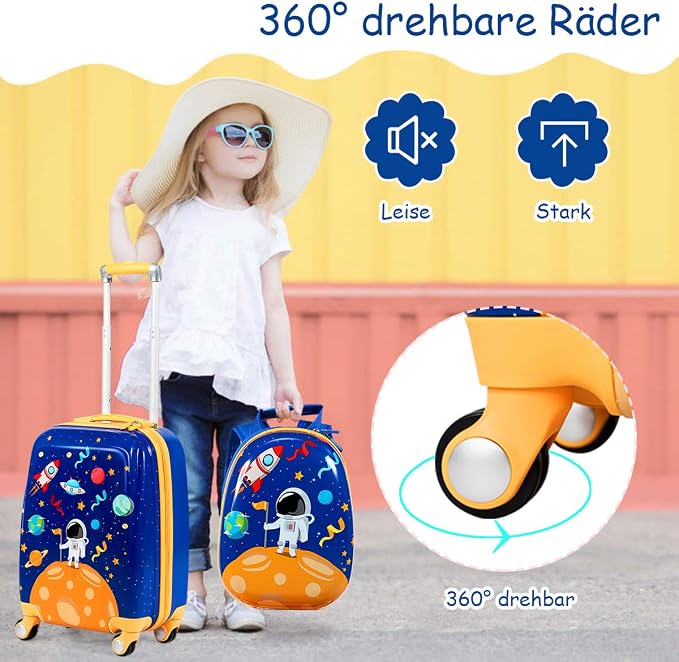 HONEY JOY Kids Luggage, 12" Toddler Backpack & 18" Travel Suitcase with Wheels, Lightweight Toddler Suitcase, Durable ABS Hardshell, 2Pcs Carry On Luggage Set for Boys Girls, Blue Astronaut - Image 8